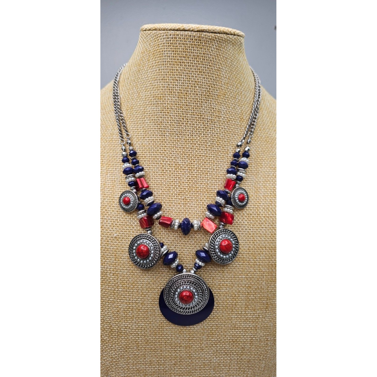 Ruby Rd Doulbe Strand Red Blue Silver Faux Pearl Beaded Necklace 18L 10$